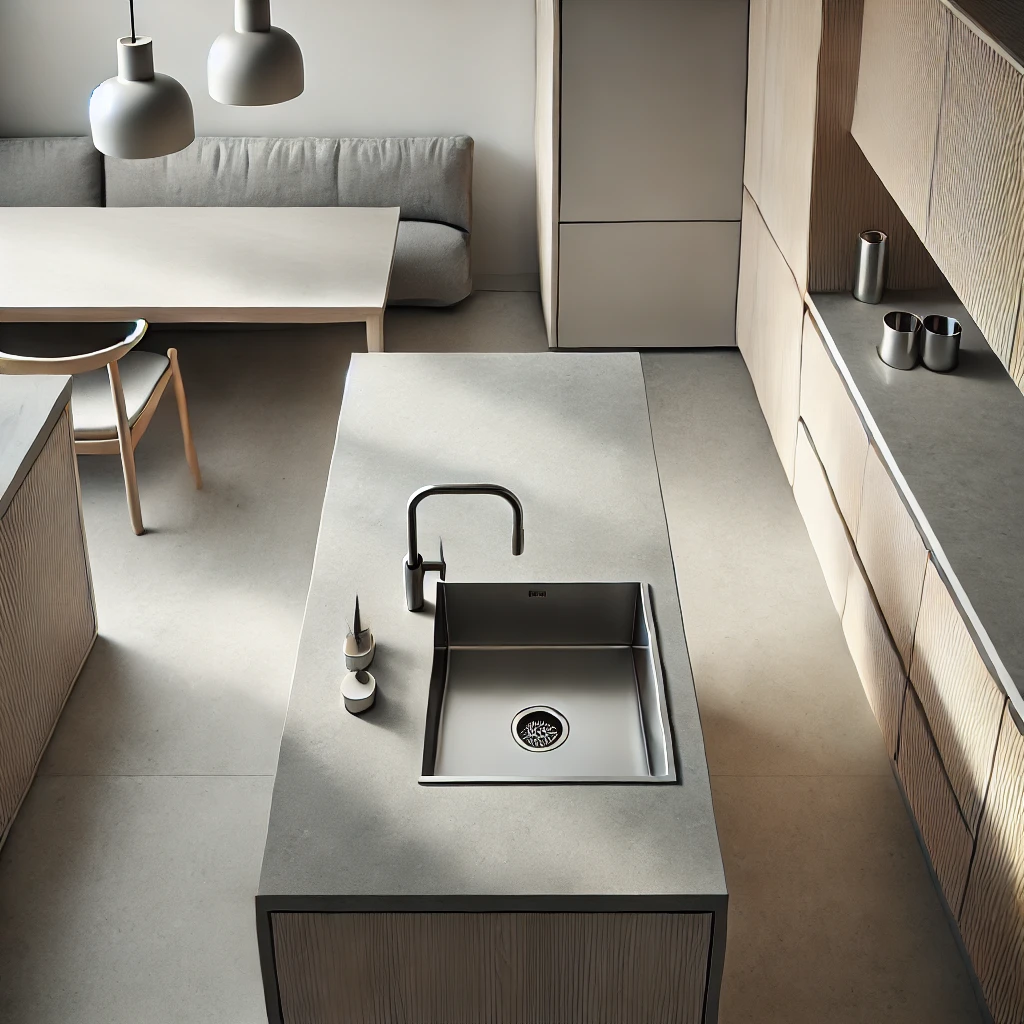 Köksrenovering på Lidingö DALL·E 2024 09 06 14.59.26 A Scandinavian minimalist kitchen seen from a high angle featuring a compact stainless steel sink set into a smooth stone countertop. The kitchen is