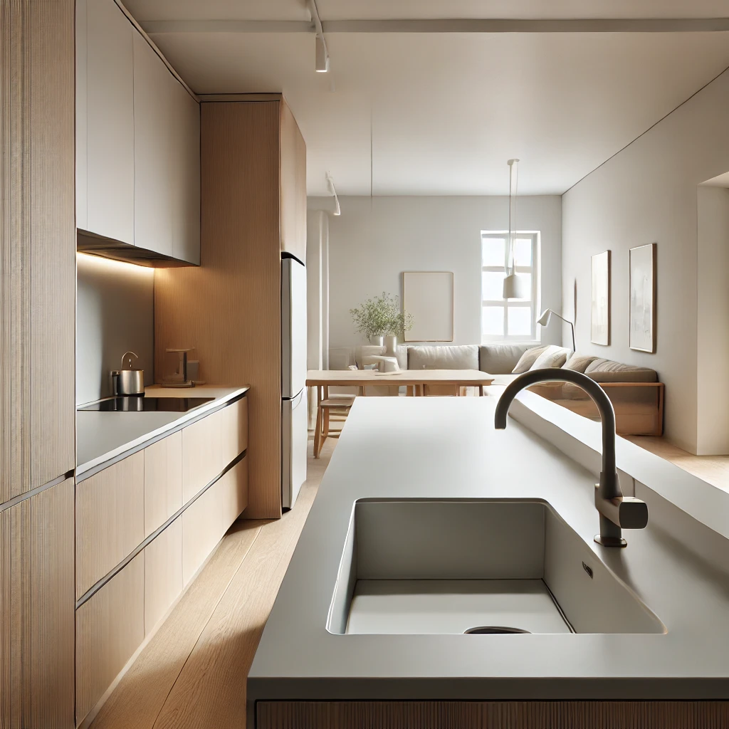 Köksrenovering på Lidingö DALL·E 2024 09 06 14.59.49 A Scandinavian minimalist kitchen with a view from the side featuring a modern ceramic sink integrated into sleek white countertops. The kitchen has