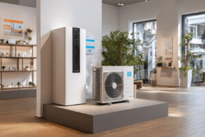 Bergvärmepump och luft/vatten-värmepump uppställda som produkter i ett svenskt VVS-showroom med naturligt ljus.