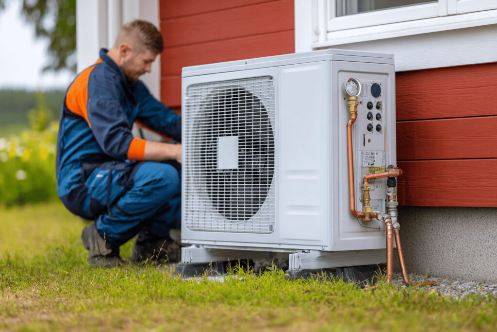 Tekniker installerar en luft/vatten-värmepumps utedel med kopparrör vid en svensk villa.