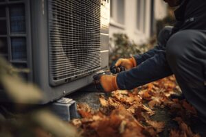 Installatör från Stockholms Rör & VVS justerar luft/vattenvärmepump villa i Stockholm