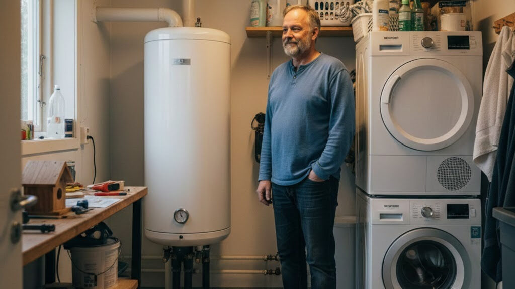 Husägare står intill bergvärmepump installerad inomhus i tvättstuga i en fristående villa.