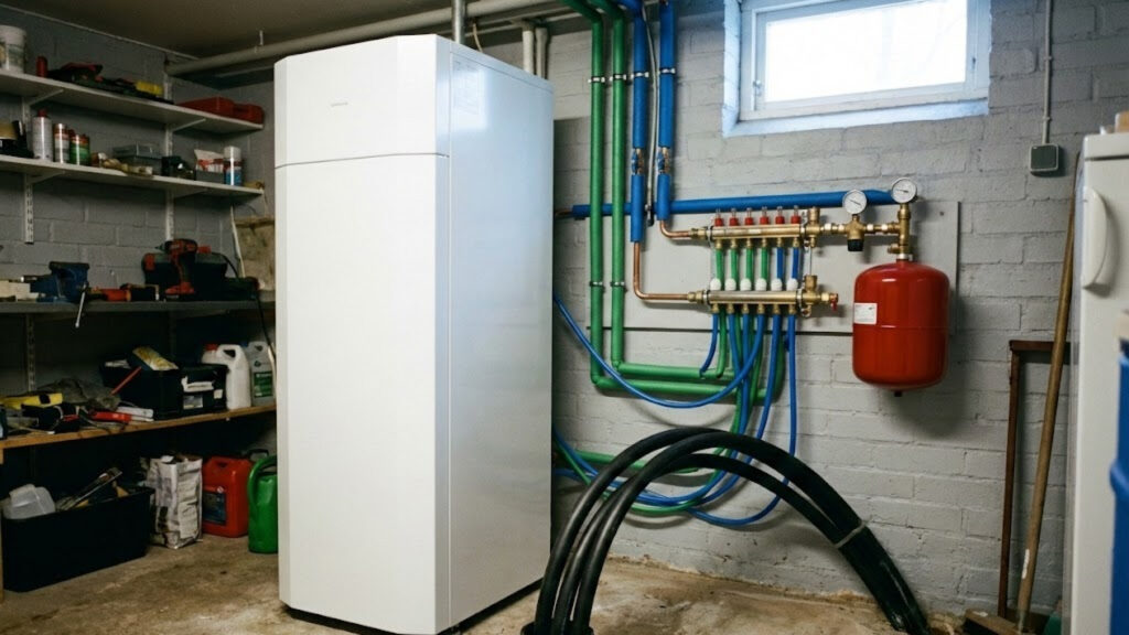 Borrhålsslangar och tekniska anslutningar till bergvärmepump i villa i Stockholm