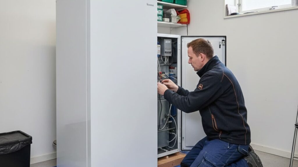 Installatör monterar en ny bergvärmepump inomhus i teknikrum i en fristående villa i Stockholmsområdet.