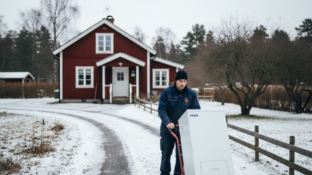 Teknisk installatör kör in en bergvärmepump på hand truck mot en fristående villa i Stockholmsområdet under vinterförhållanden.