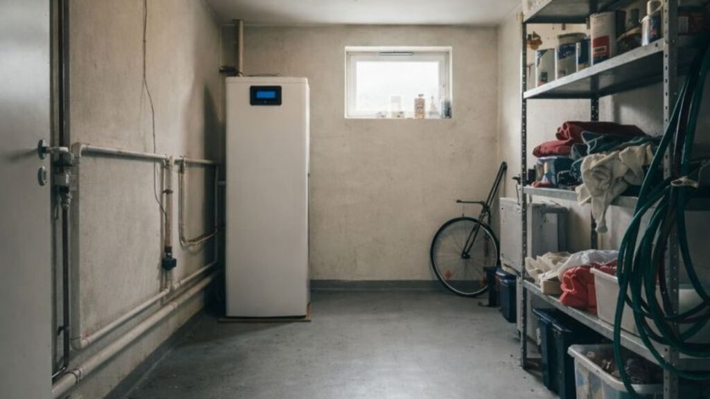 Bergvärmepump installerad i källare i svensk villa med teknikutrymme och förvaring.