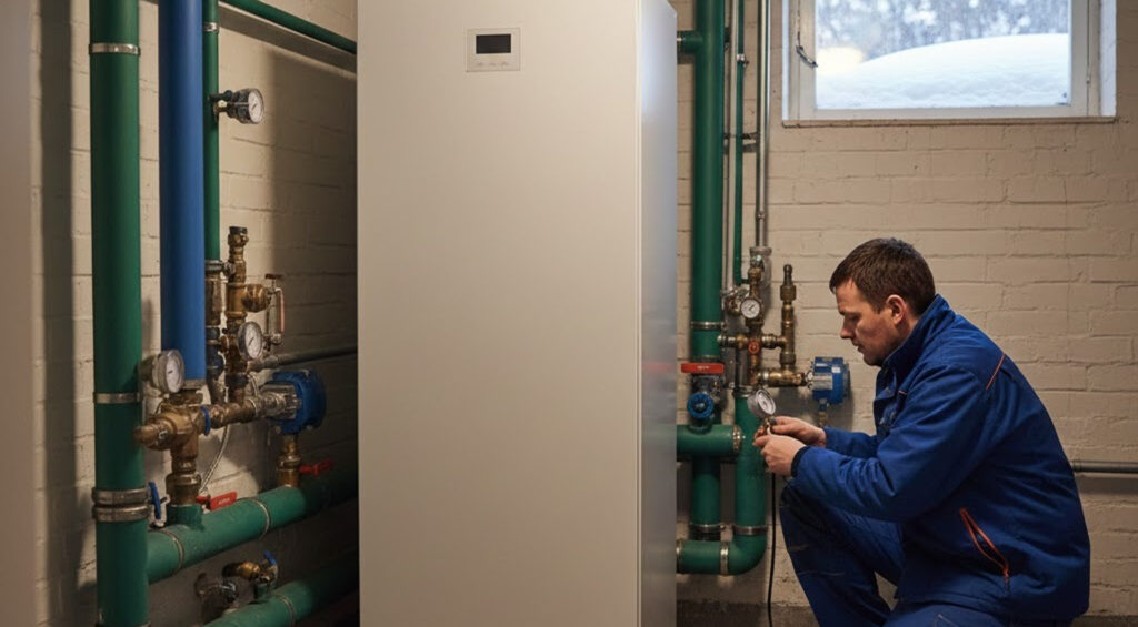 Tekniker kontrollerar bergvärmepump inomhus i villa i Stockholm under vintertid.