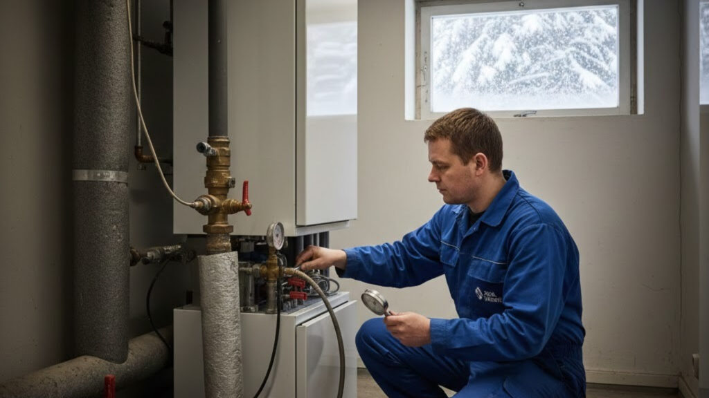 Tekniker kontrollerar tryck och drift på bergvärmepump under vintern i Stockholm