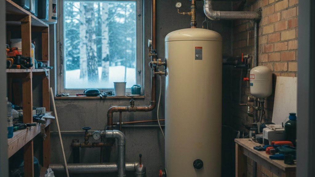 Bergvärmepump installerad inomhus i villa i Stockholm under vinterförhållanden.