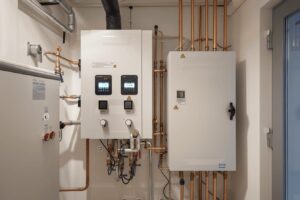 Ordning och ren svenskt teknikrum med värmepump och digital display som visar COP- och SCOP-värden.