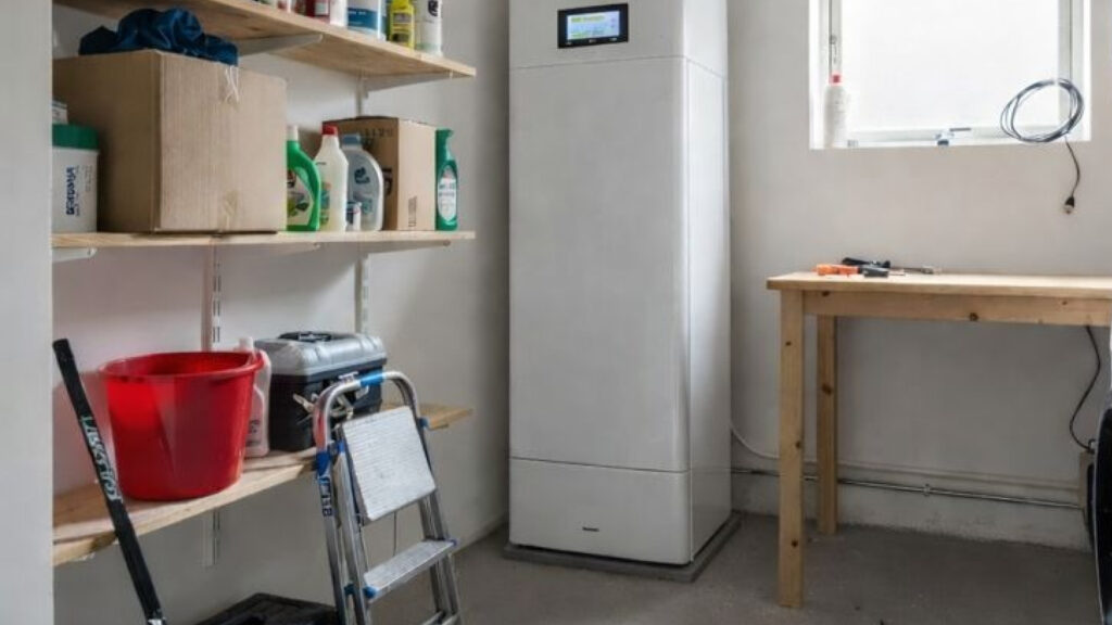 Färdiginstallerad bergvärmepump placerad i tvättstuga i en fristående villa i Stockholmsområdet.