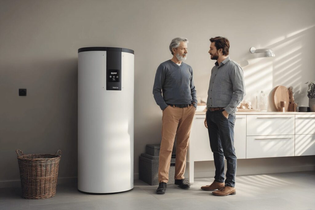 Husägare pratar med tekniker bredvid en modern bergvärmepump i ett svenskt hem, i samband med rådgivning om elförbrukning och inställningar.