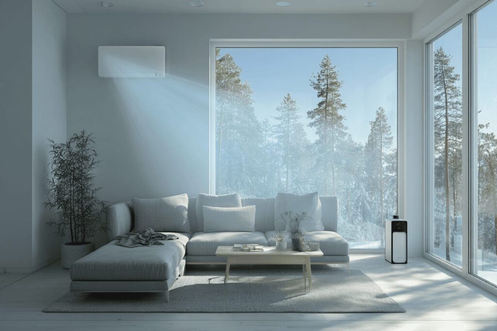 Värmepump bredvid ett dåligt isolerat fönster som visar hur värme läcker ut i en svensk villa.