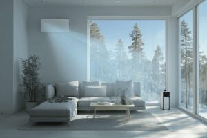 Värmepump bredvid ett dåligt isolerat fönster som visar hur värme läcker ut i en svensk villa.