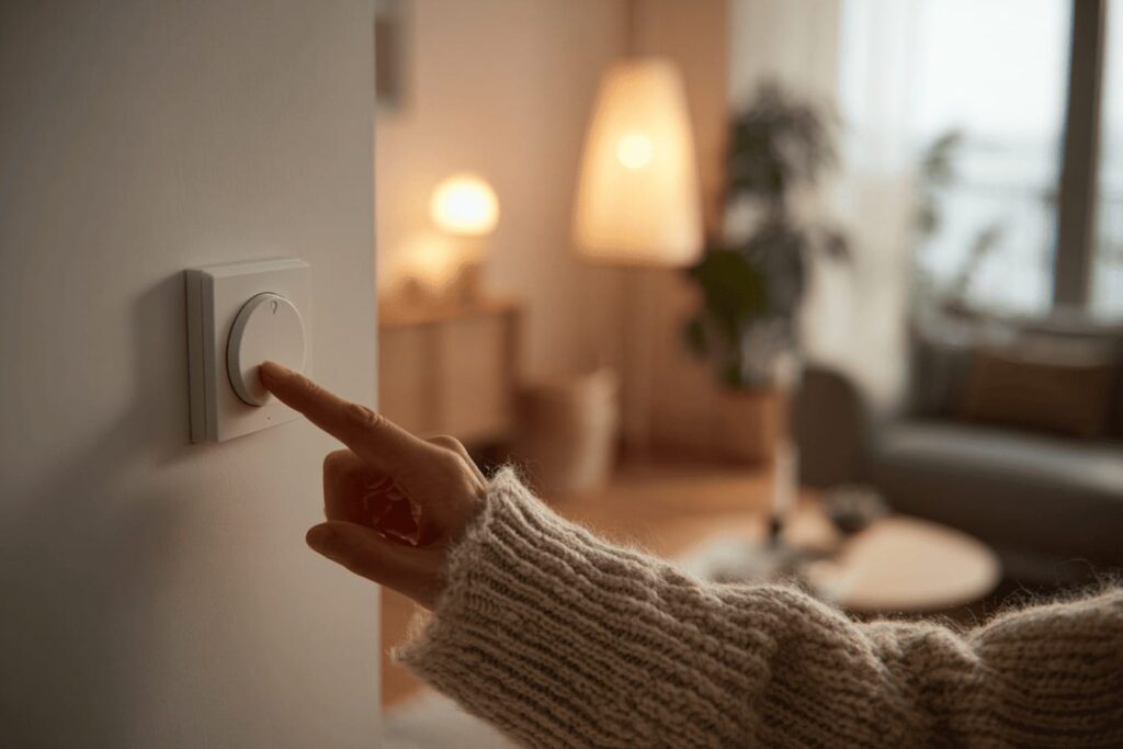 Hand som justerar termostat i ett nordiskt hem för att sänka energiförbrukningen och optimera bergvärmepumpens drift.