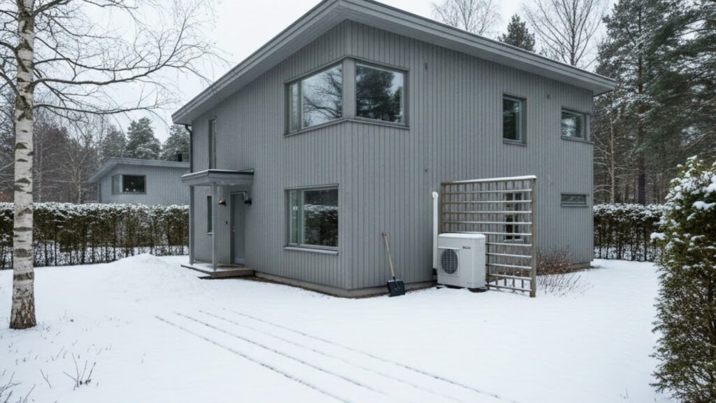 Luft vatten värmepump placerad utomhus vid fristående villa i Stockholmsområdet under vinterförhållanden.