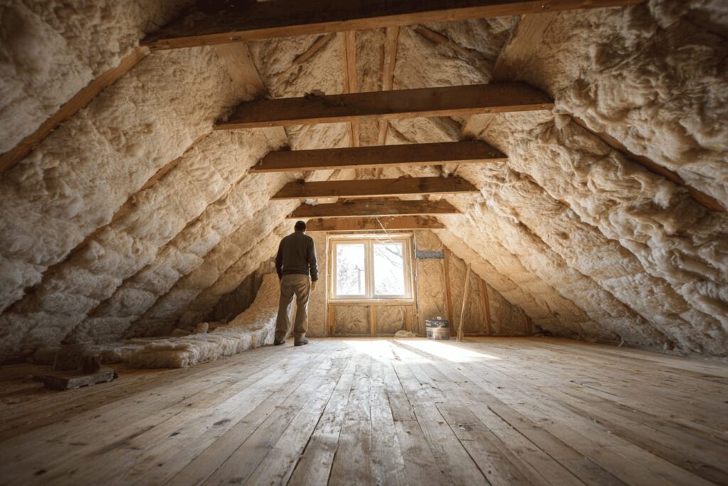 Svensk isoleringsmontör som lägger mineralullsisolering på vinden för att minska värmeförluster och förbättra värmepumpens energieffektivitet.