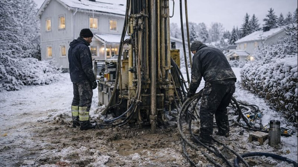 Borrning för bergvärme på villatomt i Stockholm under vintern.