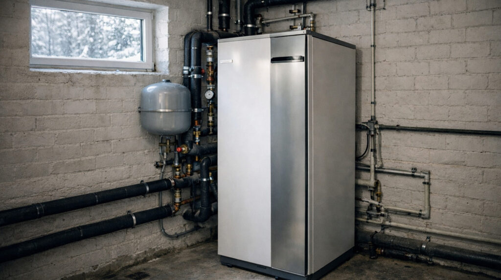 Bergvärmepump inomhus i nybyggd villa i Danderyd under vinterförhållanden med synliga rör och naturligt dagsljus.