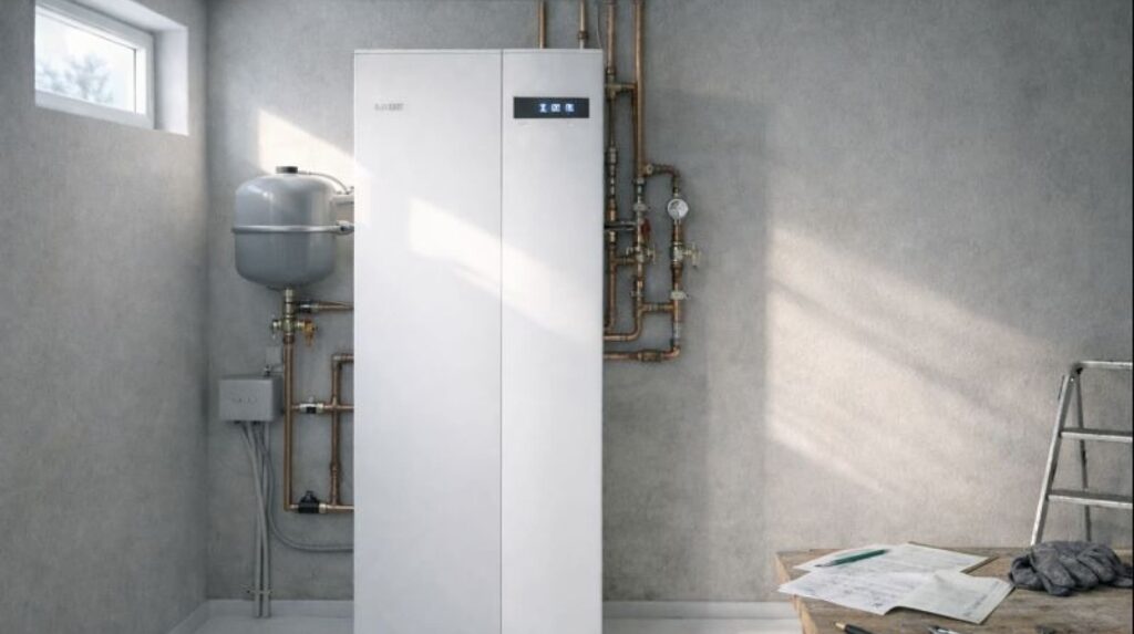 Bergvärmepump installerad inomhus i svensk villa med synliga rör, expansionskärl och naturligt vinterljus från fönster.