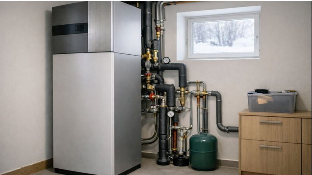 Bergvärmepump installerad i nybyggt hus på Värmdö under vintern i ett ljust teknikutrymme.