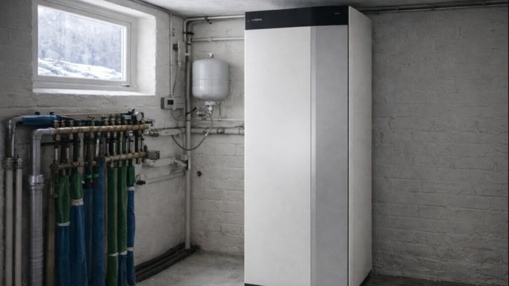 Bergvärmepump installerad i källare i Stockholm under vintern, med rör och ventiler i ett teknikutrymme.