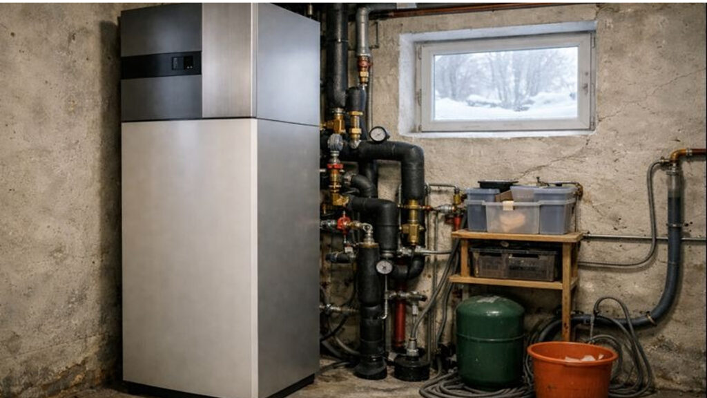 Bergvärmepump i källare i Stockholm vintertid med synliga rör och ventiler.
