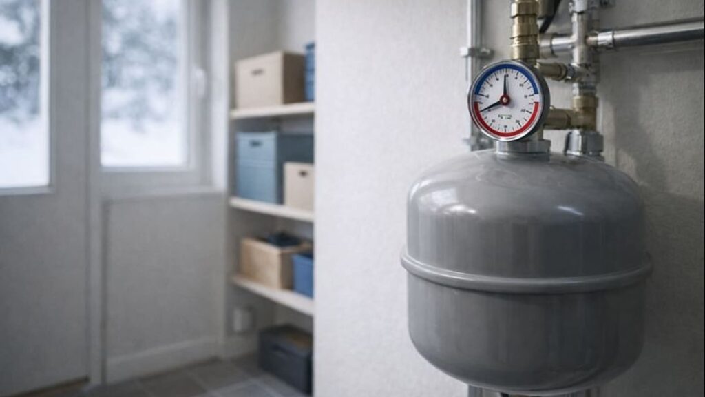 Expansionskärl med tryckmätare som visar stabilt tryck i ett värmesystem under vintern.