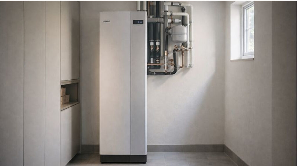 NIBE värmepump installerad i organiserat teknikrum i en villa med modern och energieffektiv uppvärmning.