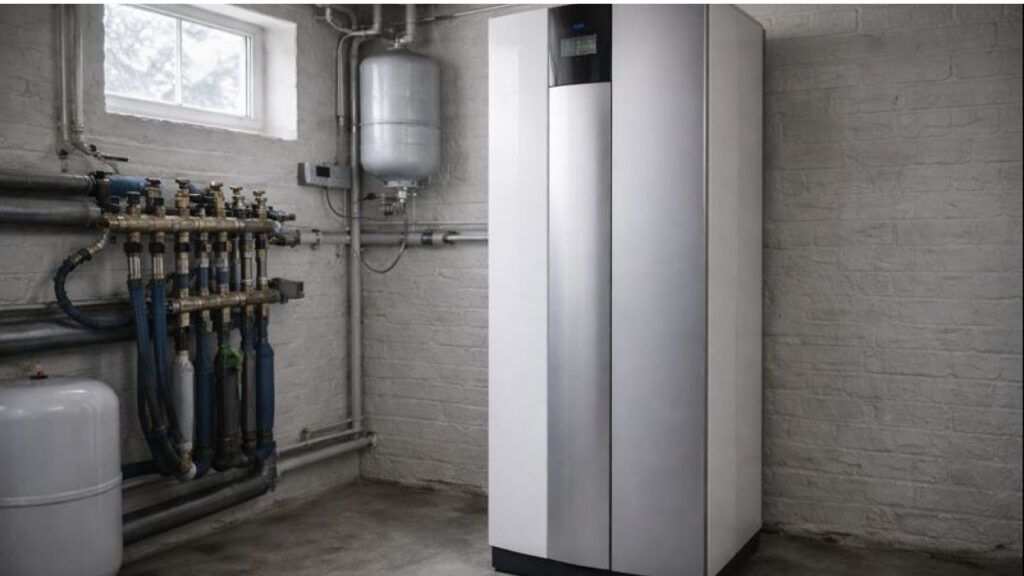 Bergvärmepump installerad i källare i Stockholm under vintern.