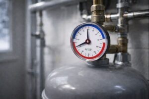 Tryckmätare på modernt expansionskärl i ett värmesystem som visar normalt drifttryck under vintern.