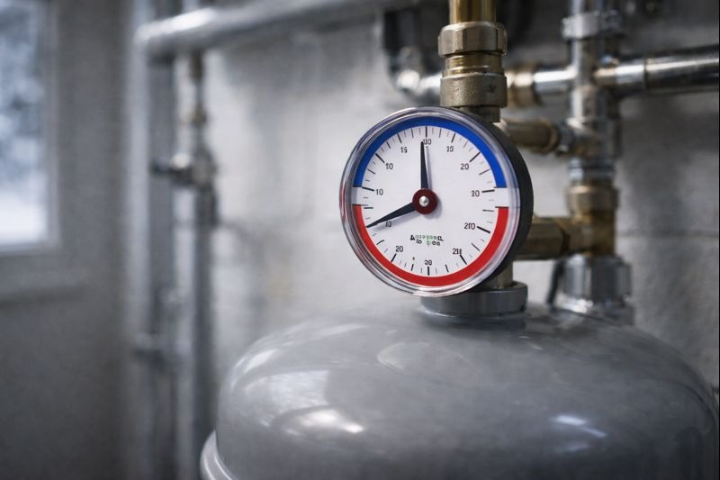 Tryckmätare på modernt expansionskärl i ett värmesystem som visar normalt drifttryck under vintern.