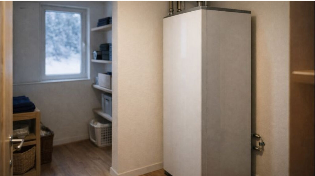 Värmepump installerad i villa som arbetar stabilt under vinterförhållanden.