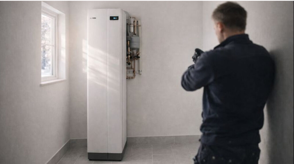 Modern NIBE värmepump installerad i teknikrum i villa på Lidingö under vintern.