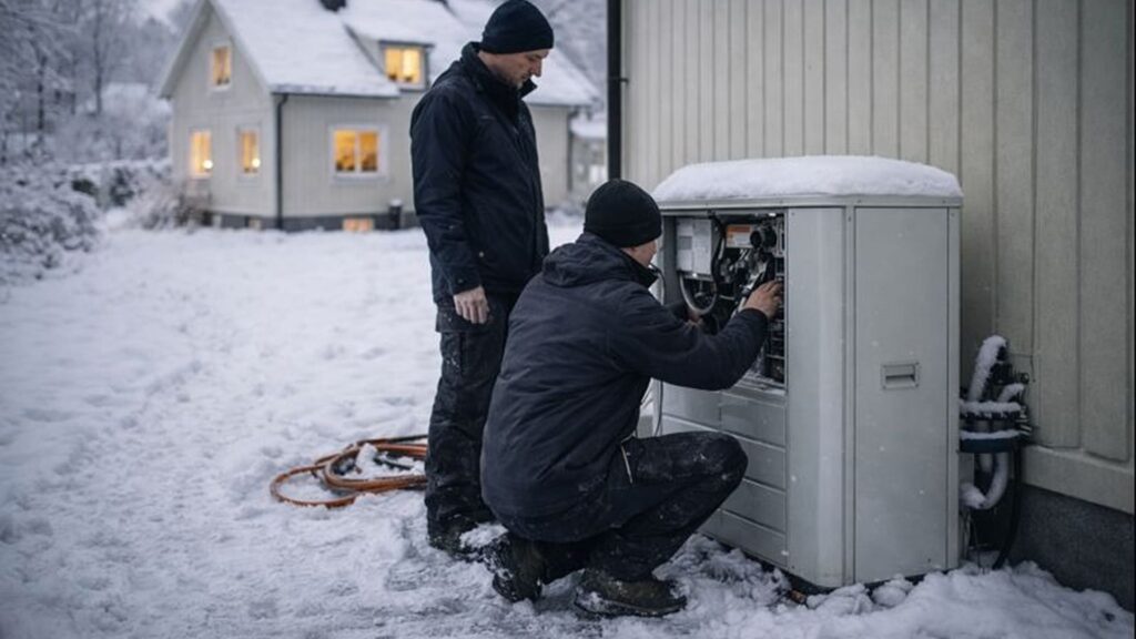 Service av värmepump vid villa i Stockholm under vintern.