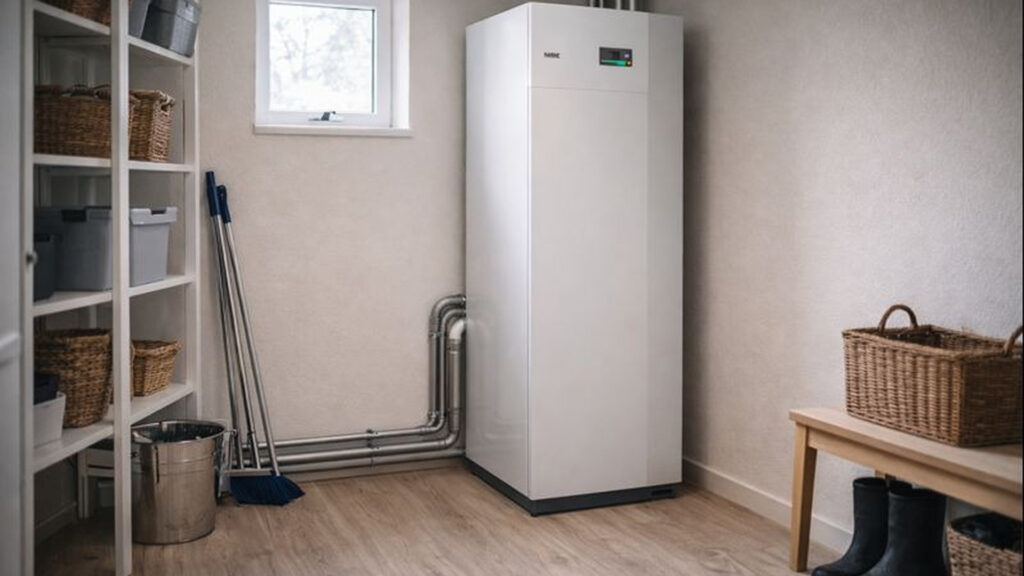 Värmepump installerad i teknikrum i villa i Stockholm.