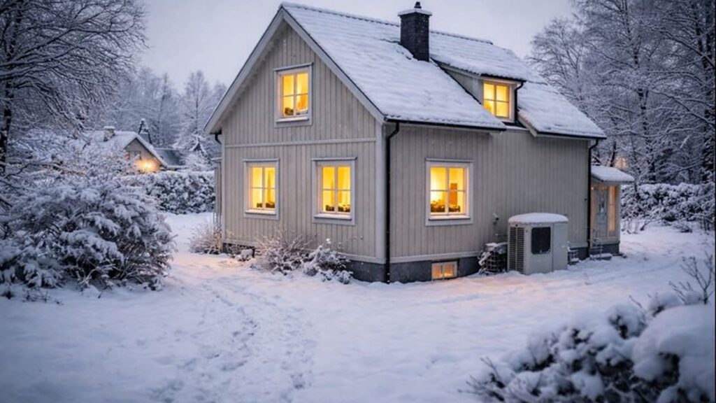 Villa i Stockholm vintertid med värmepump som ger jämn uppvärmning.