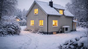 Villa i Stockholm vintertid med värmepump som ger jämn uppvärmning.