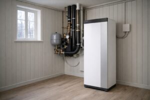 Bergvärmepump installerad i teknikrum i äldre svensk villa med träpanel och vattenburet värmesystem