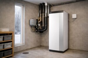 Bergvärmepump installerad i teknikrum i svensk villa med expansionskärl och rördragning