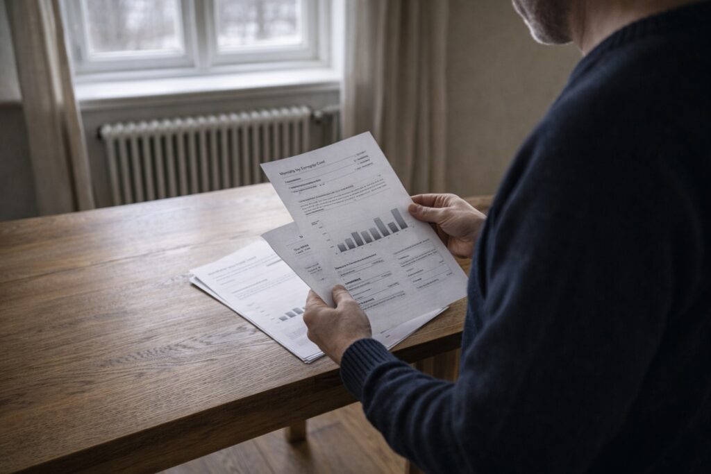 Villaägare granskar energikalkyl inför installation av bergvärme i äldre hus