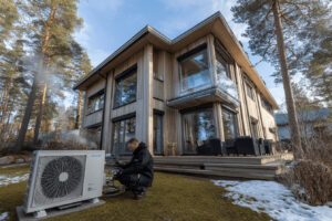 Tekniker kontrollerar hur effektiv är en värmepump vid villa på Lidingö i mars.