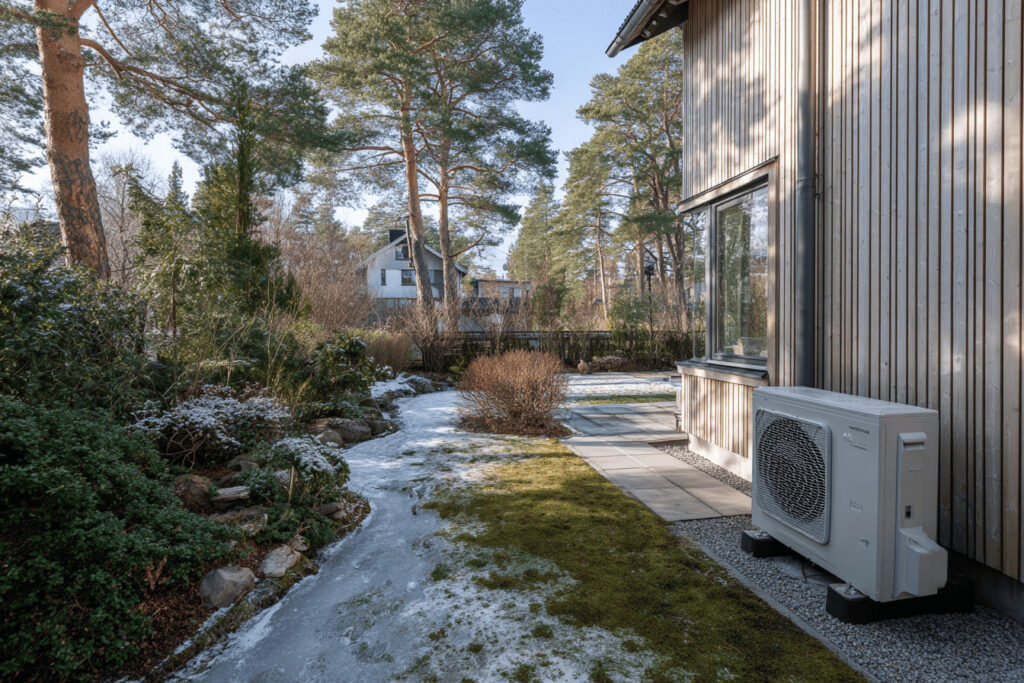Luft vatten värmepump monterad på villa i Stockholm under tidig vår med kvarvarande snö.