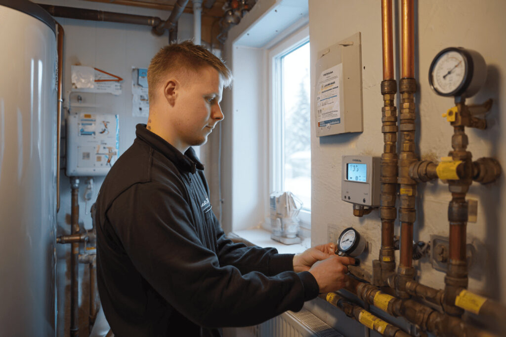 Service av värmepump i svenskt hem med kontroll av tryck och systempanel