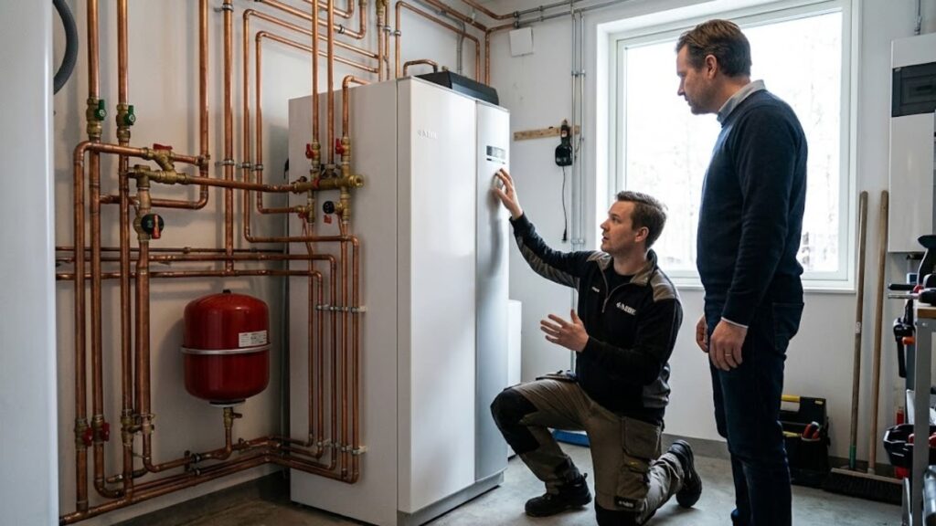 teknikrum i svensk villa med bergvärmepump när man analyserar vilken värmepump är bäst