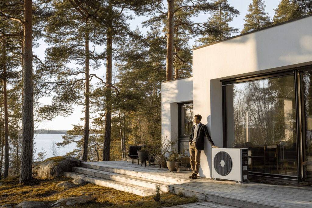 Tekniker förklarar hur fungerar en värmepump för husägare vid modern villa i Stockholm