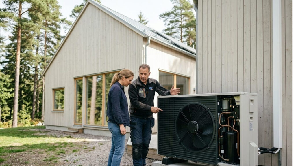 VVS tekniker förklarar hur många kilowatt drar en värmepump i timmen för husägare vid villa