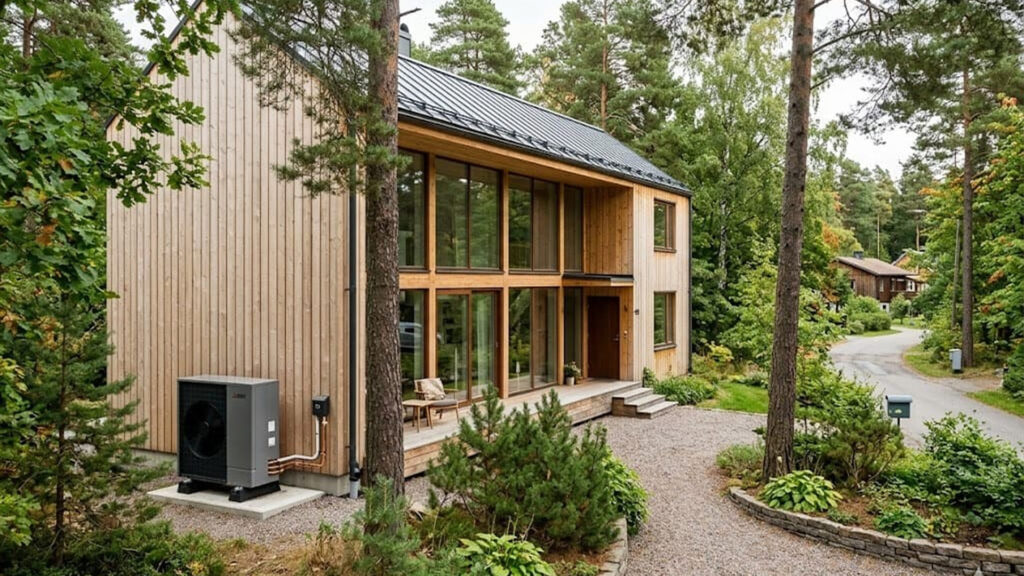 Villa med installerad värmepump som visar hur många kilowatt drar en värmepump i timmen i svenska hus