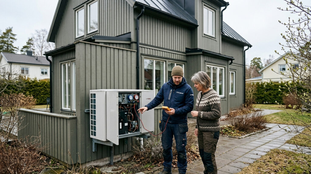 VVS tekniker kontrollerar hur många kWh drar en värmepump per dag vid villa