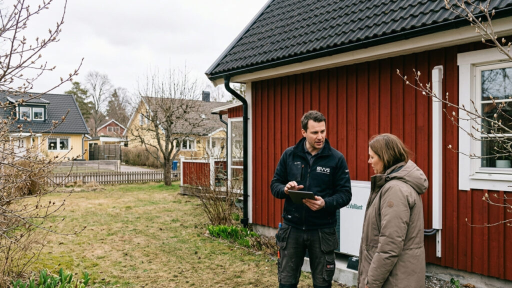 Husägare och tekniker diskuterar hur stor värmepump behöver du för villa